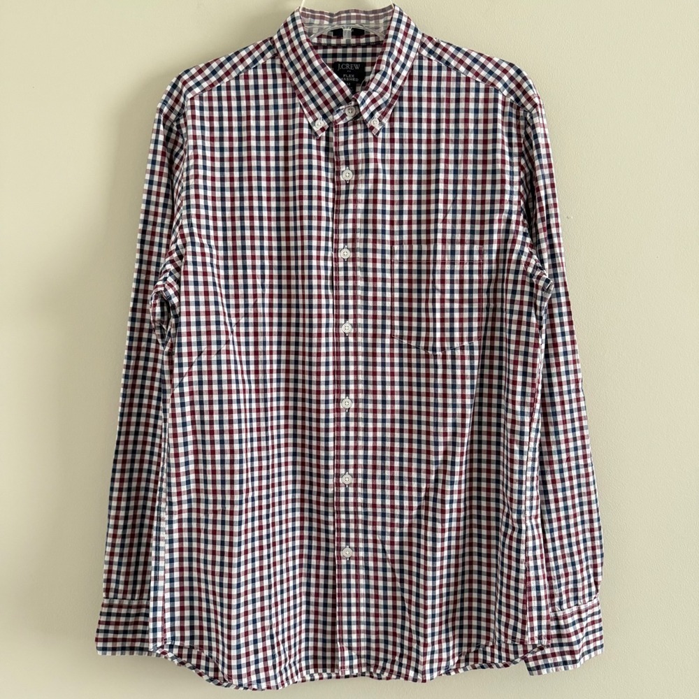 J.CREW Mens Medium Button Down Shirt Slim Flex Washed Gingham Navy Burgundy NWT